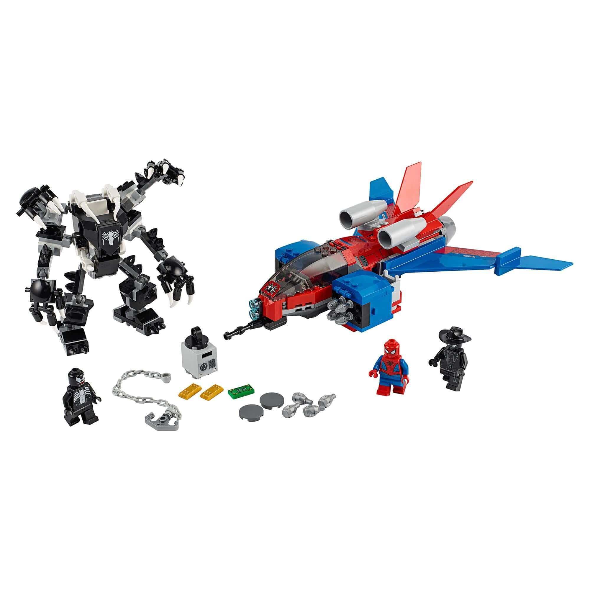 LEGO Marvel Spider-Man Jet vs. Venom Mech Set 76150 with Spider-Man and Venom figures, jet, and mech.