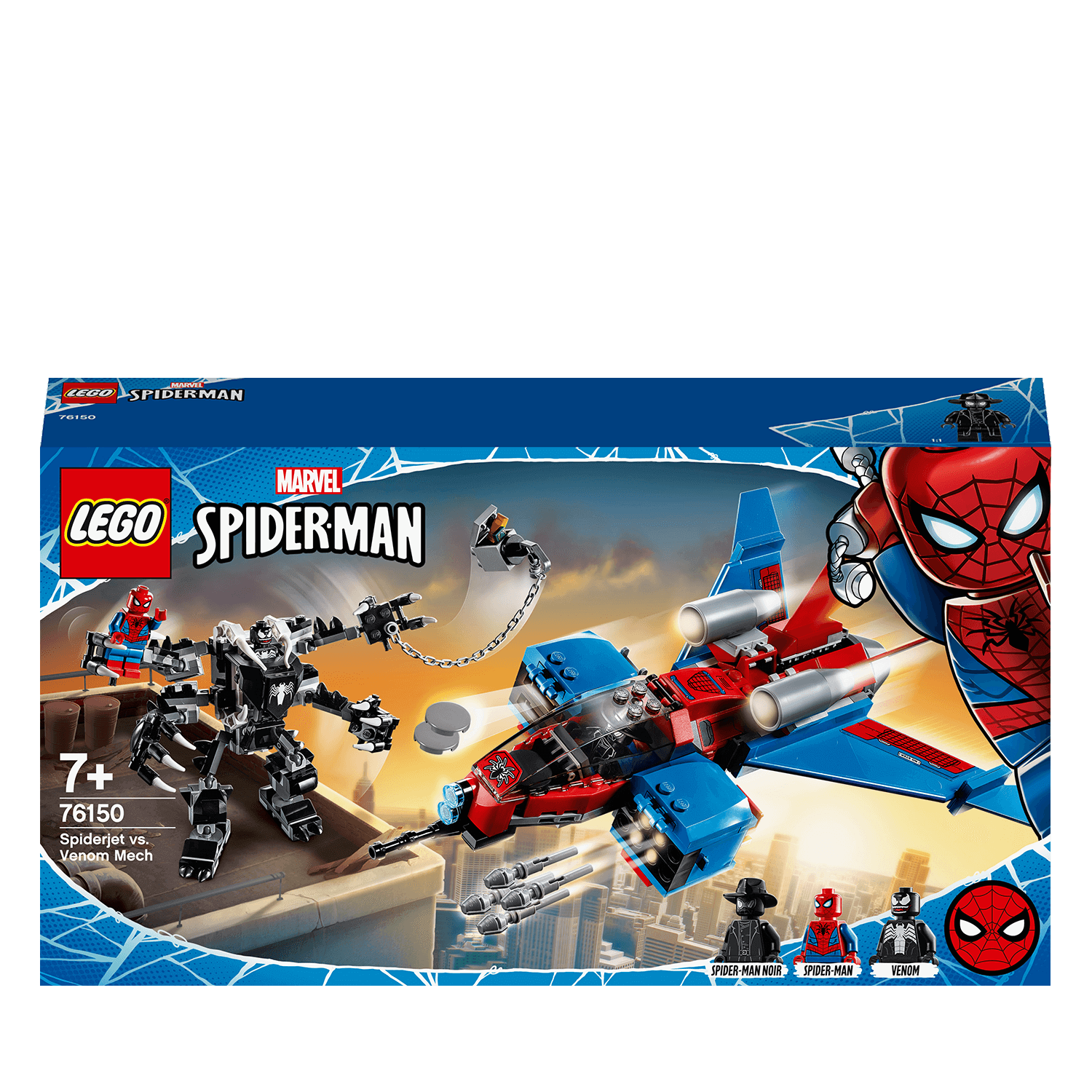 LEGO Marvel Spider-Man Jet vs. Venom Mech Set 76150 featuring Spider-Man and Venom in action-packed battle.