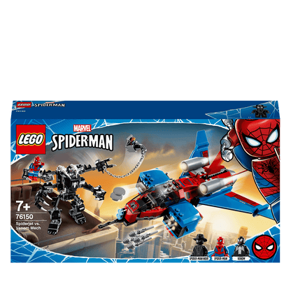 LEGO Marvel Spider-Man Jet vs. Venom Mech Set 76150 featuring Spider-Man and Venom in action-packed battle.