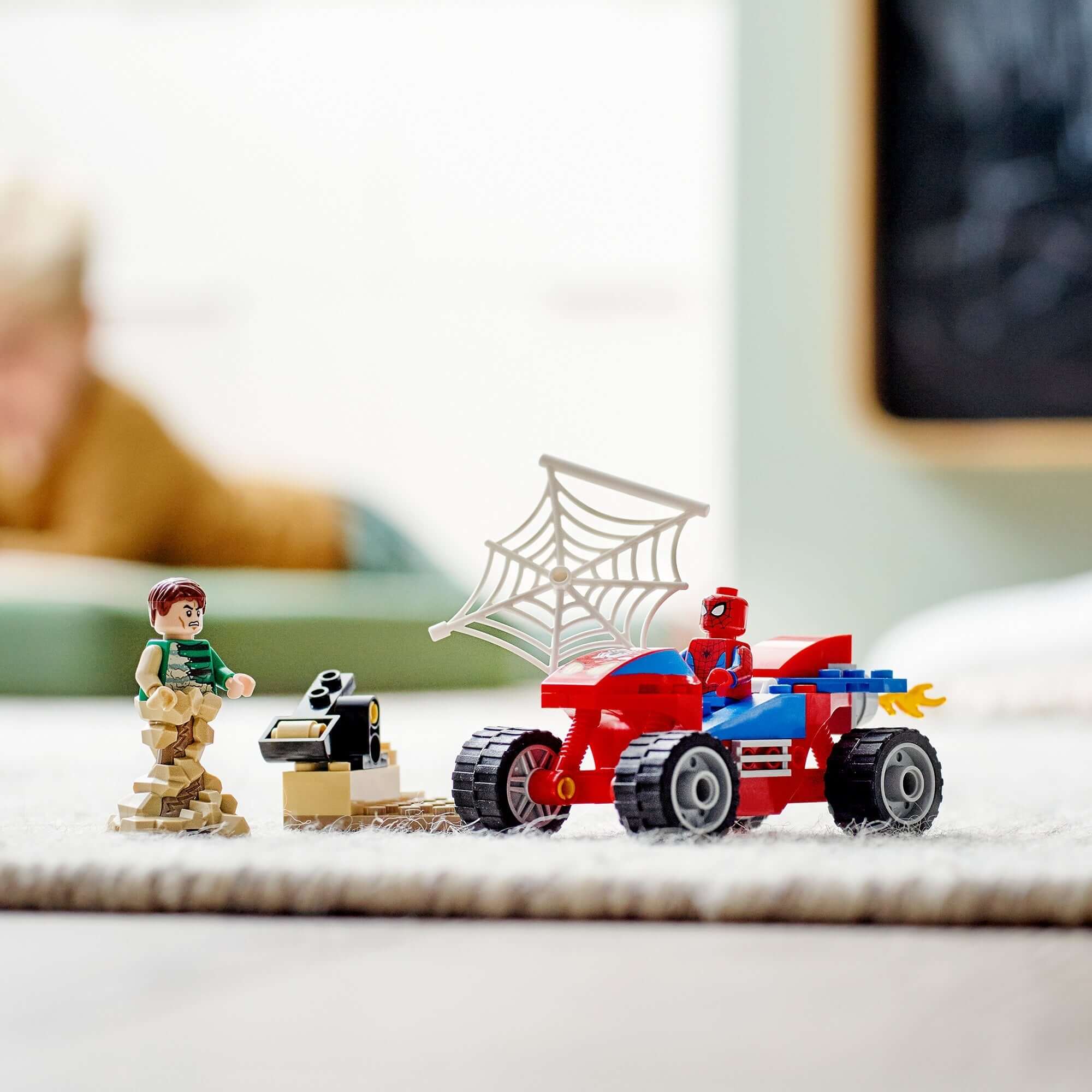 LEGO® Marvel Spider-Man & Sandman showdown toy set featuring Spider-Man, Sandman, and spiderweb vehicle.