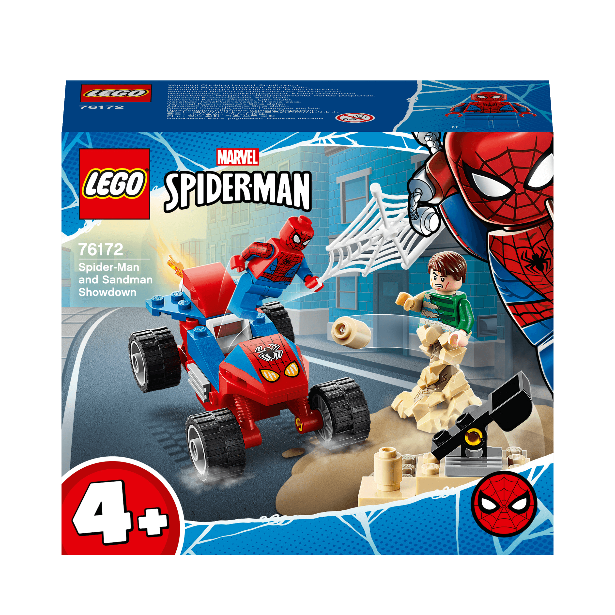 LEGO Marvel Spider-Man & Sandman Showdown set 76172 for ages 4+, featuring Spider-Man and Sandman in action.