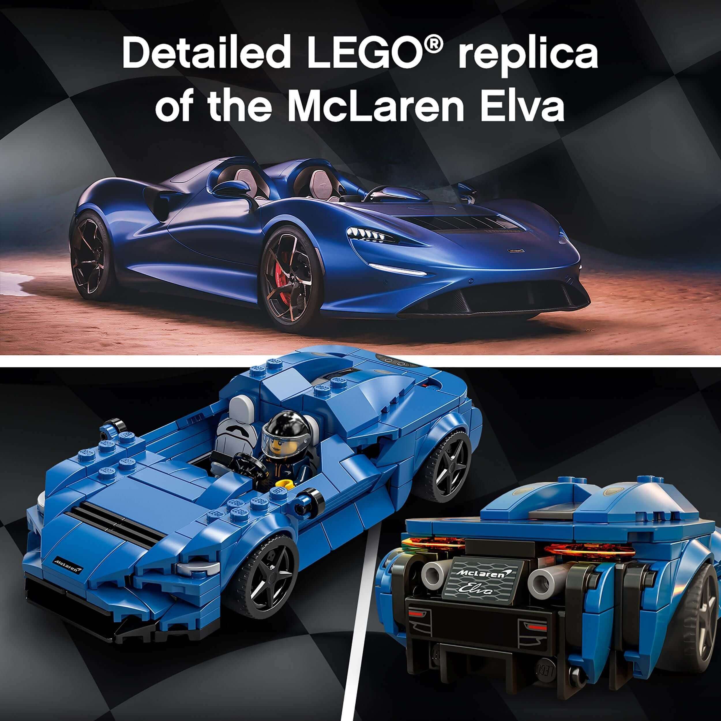 LEGO® McLaren Elva model showcasing detailed design for play and display, perfect for car enthusiasts.