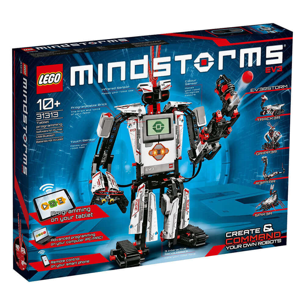 LEGO MINDSTORMS EV3 robot kit packaging showcasing programmable capabilities and building options for creative robotics.