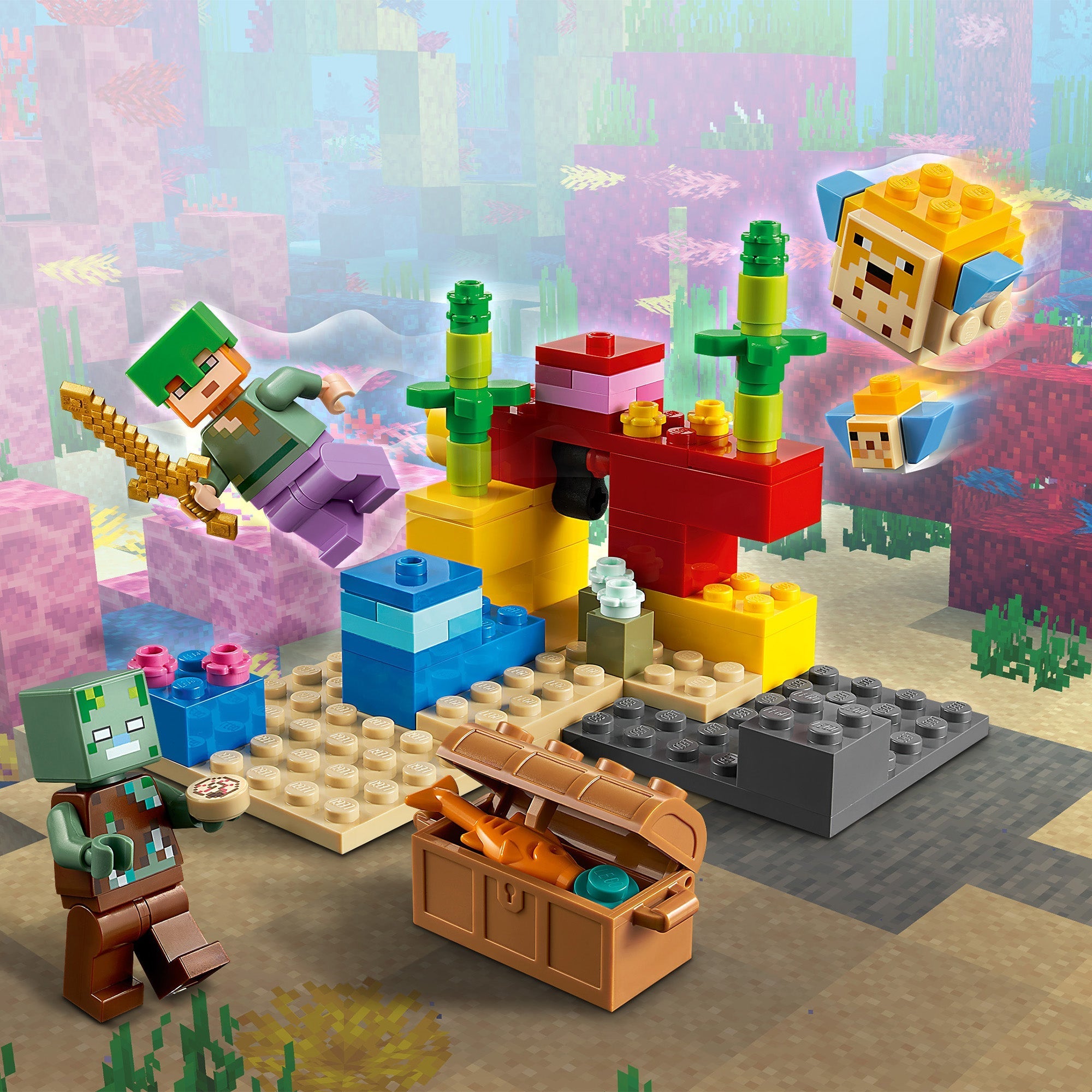 LEGO® Minecraft The Coral Reef Building Set 21164 with underwater characters and colorful bricks.