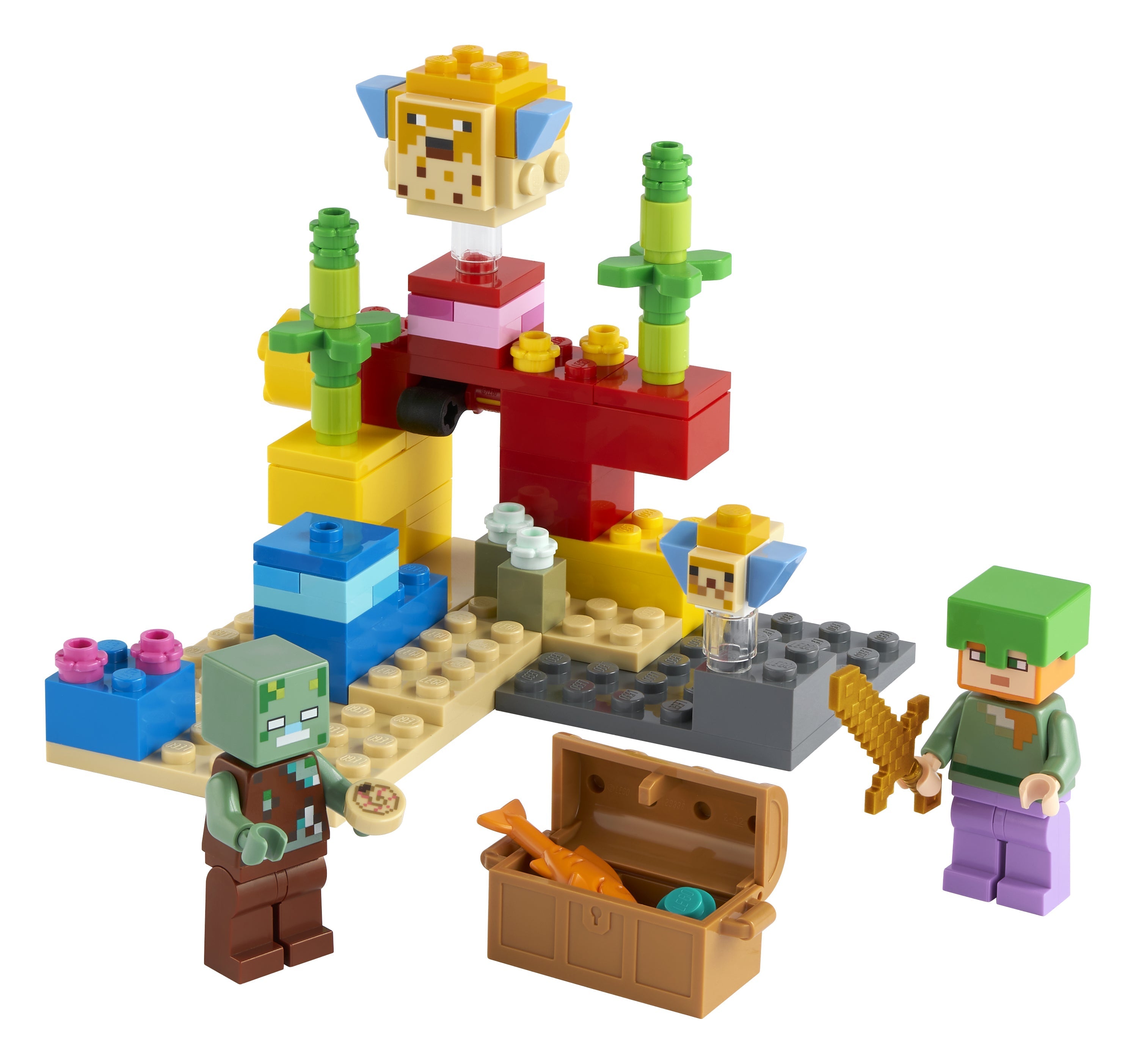 LEGO® Minecraft The Coral Reef set 21164 featuring colorful blocks and characters exploring underwater adventures.