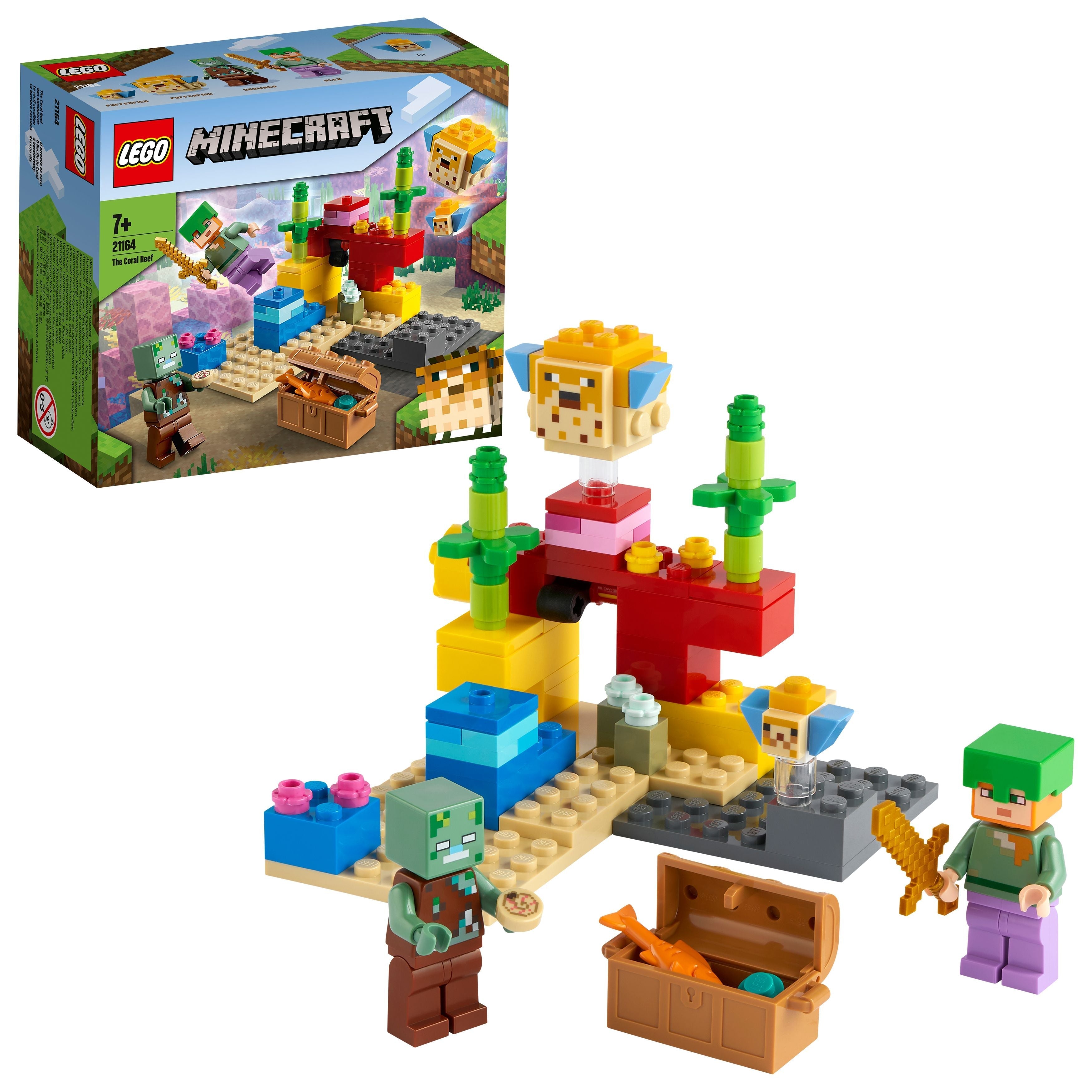 LEGO Minecraft Coral Reef set 21164 featuring buildable underwater scene with characters and treasures.