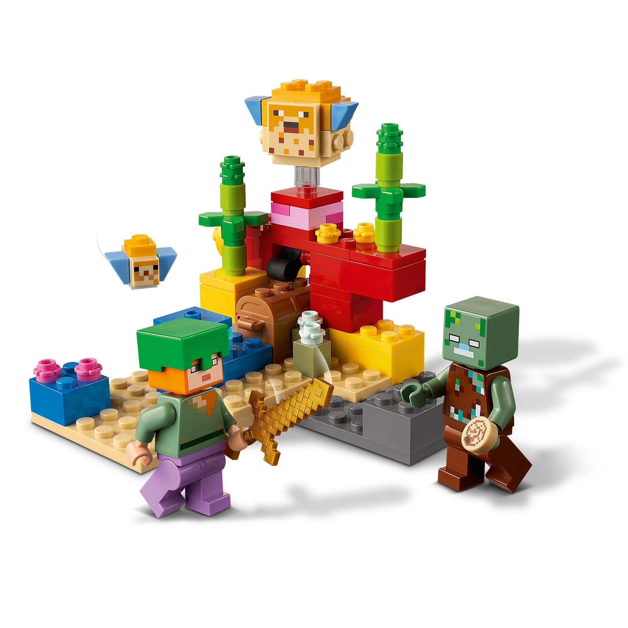 Minecraft Coral Reef LEGO® building set with characters exploring colorful underwater scenery.