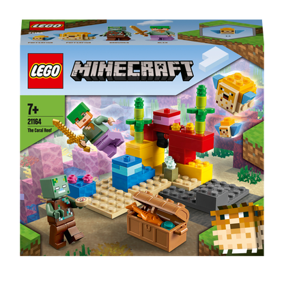 LEGO® Minecraft The Coral Reef Set 21164 featuring underwater adventures and reconfigurable bricks for ages 7 and up.