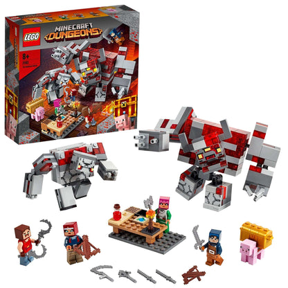 LEGO Minecraft The Redstone Battle Set 21163 featuring characters, posable giants, and adventure-building components.