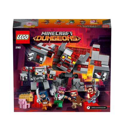 LEGO Minecraft The Redstone Battle Set 21163 packaging with characters and redstone giants for role-play adventures.