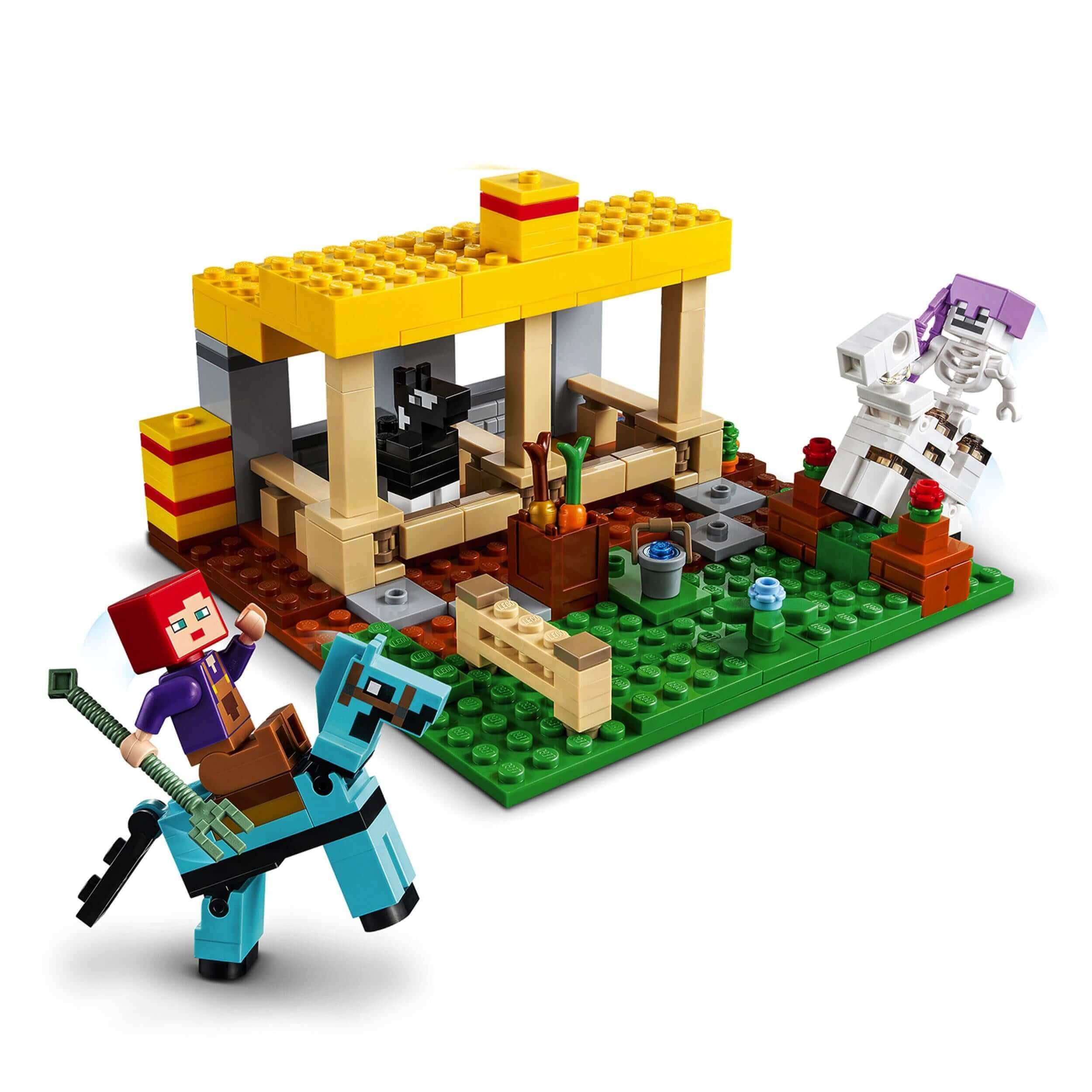 LEGO® Minecraft The Horse Stable Farm Toy 21171 showing a horse stable, characters, and a skeleton horseman.