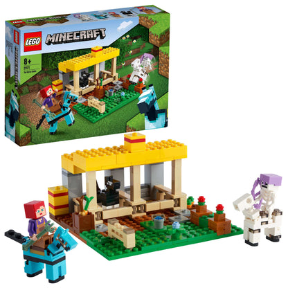 LEGO® Minecraft The Horse Stable Farm Toy 21171 featuring characters, horses, and a stable building.