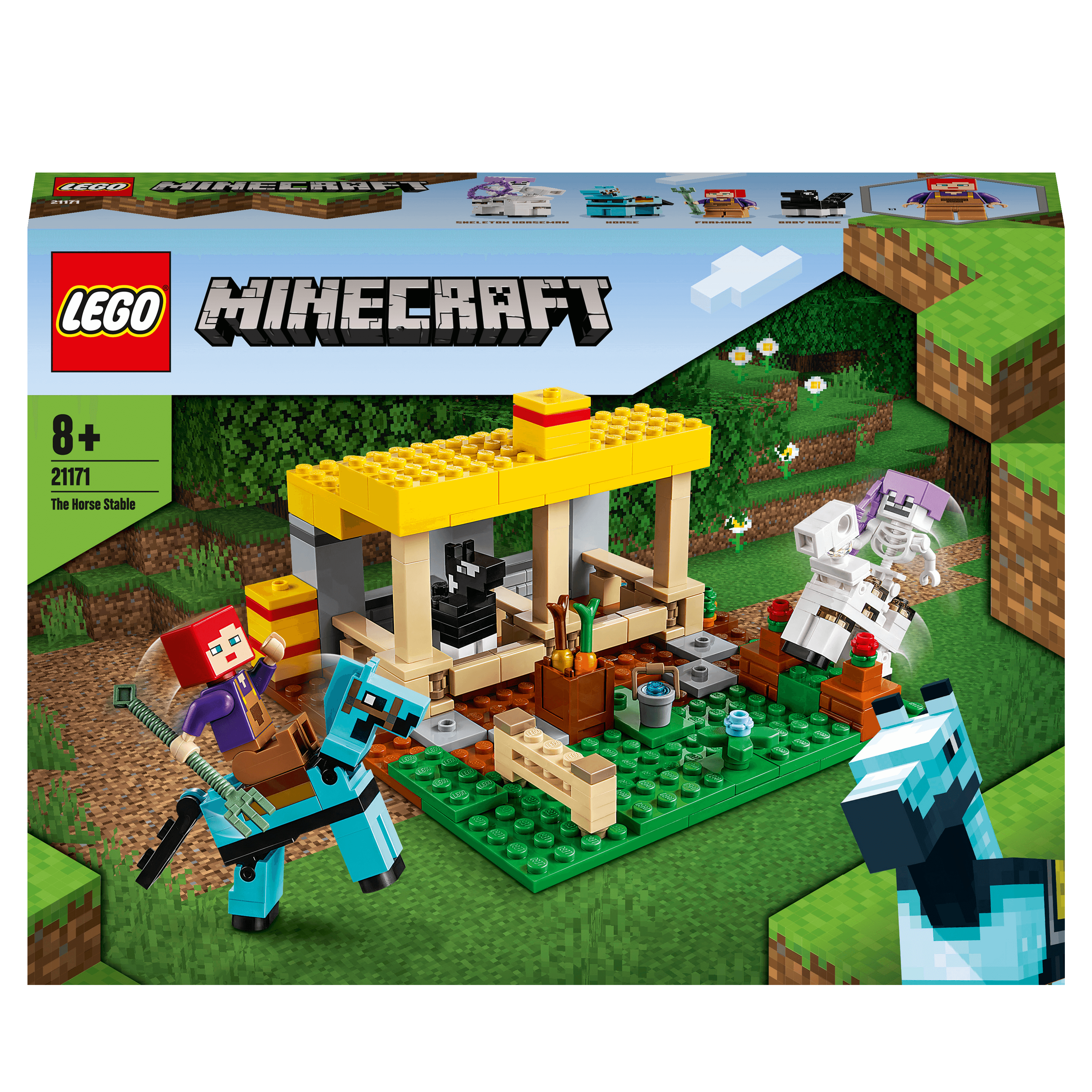 LEGO Minecraft The Horse Stable Toy 21171, featuring horses, a stable, and a skeleton horseman battle.