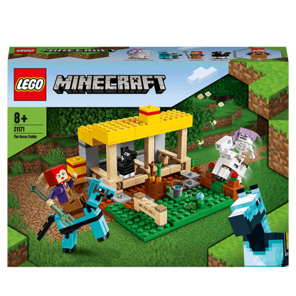 LEGO Minecraft The Horse Stable Toy 21171, featuring horses, a stable, and a skeleton horseman battle.