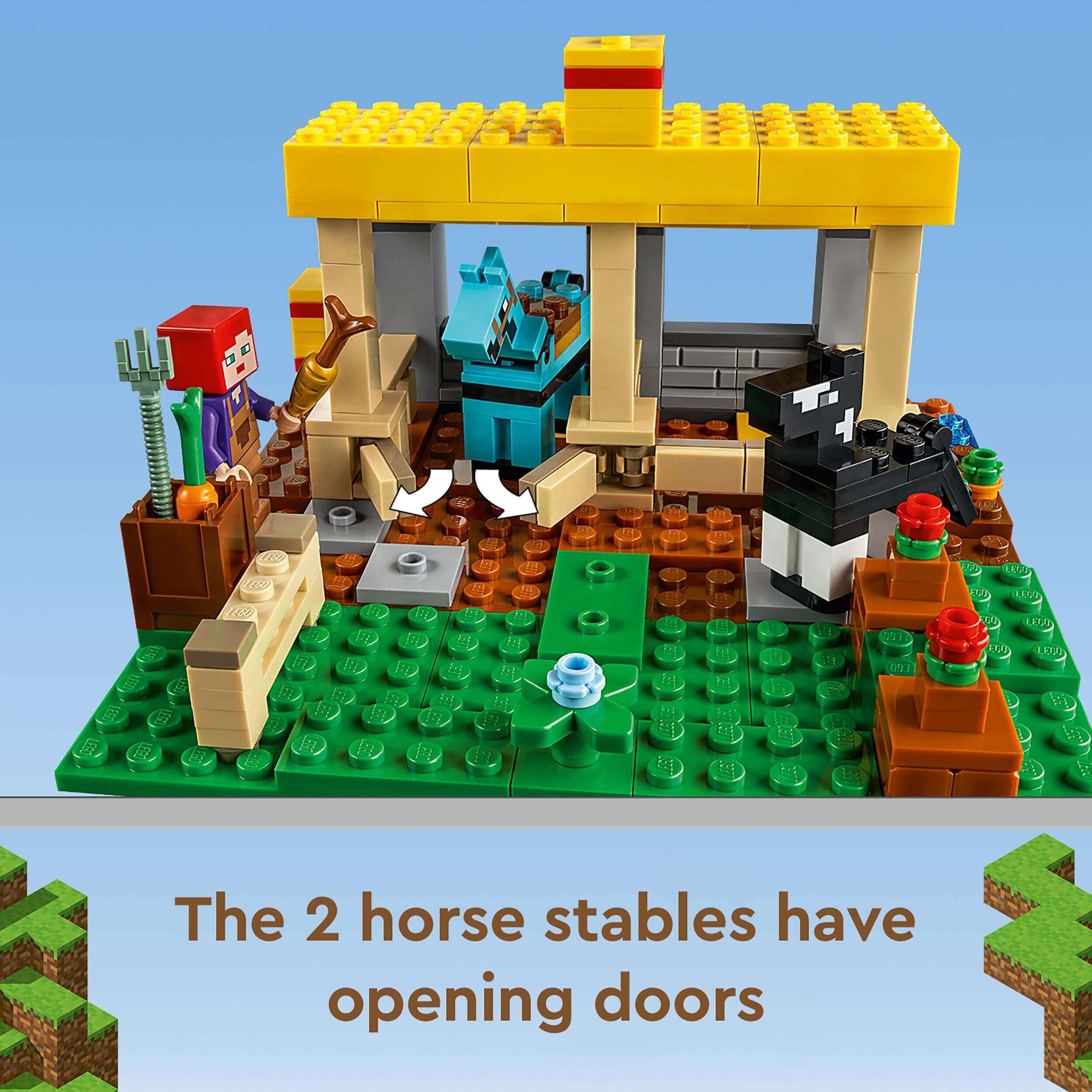 LEGO® Minecraft The Horse Stable with two opening stables and accessories for horse care and obstacle courses.