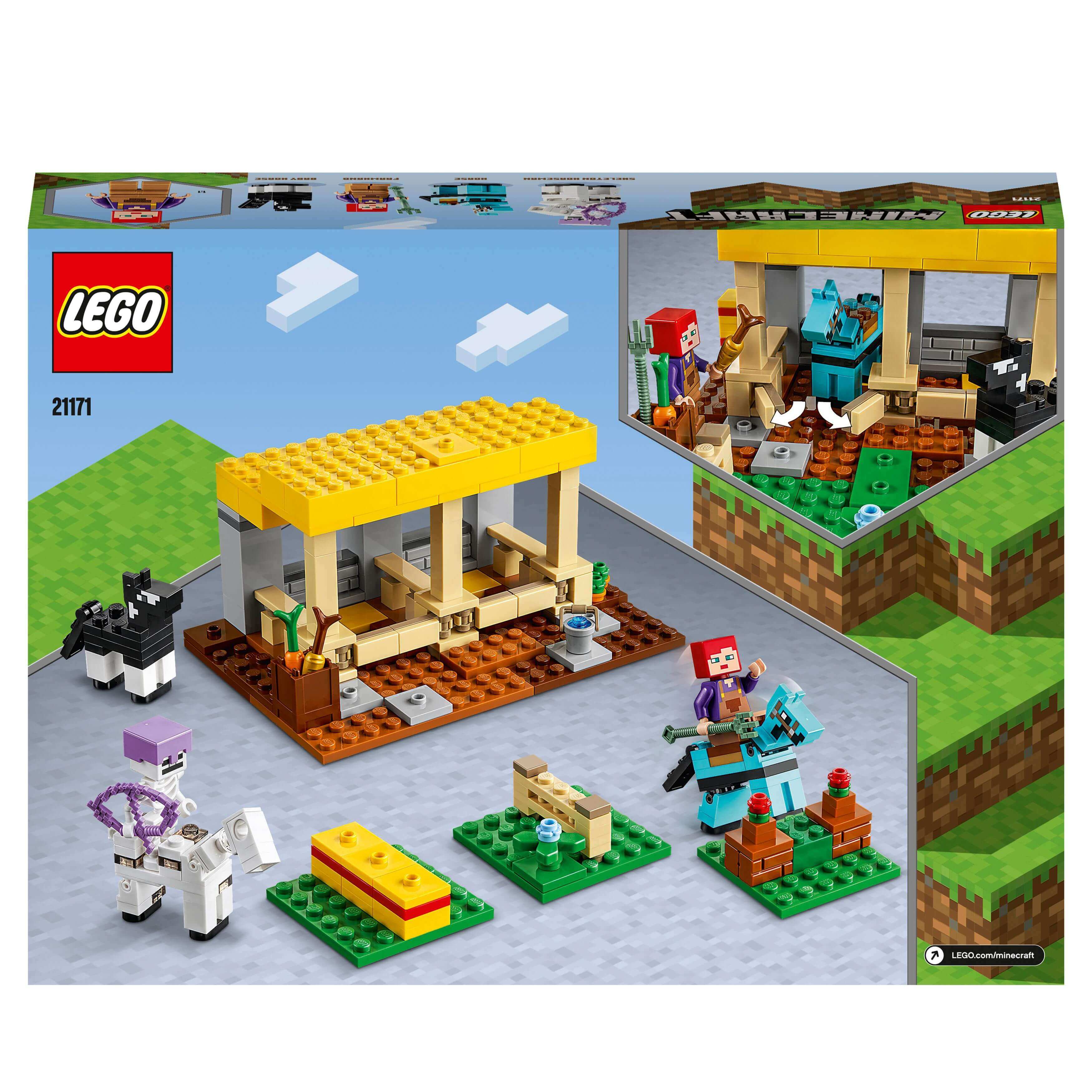 LEGO® Minecraft The Horse Stable Farm Toy 21171 with horses, players, and building accessories for creative play.