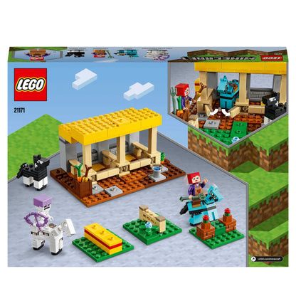 LEGO® Minecraft The Horse Stable Farm Toy 21171 with horses, players, and building accessories for creative play.