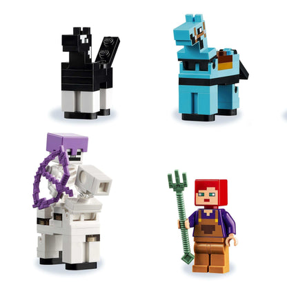 LEGO® Minecraft The Horse Stable features colorful horse figures, a skeleton horseman, and a character with a tool.