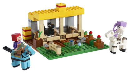 LEGO® Minecraft The Horse Stable Farm Toy 21171 featuring a stable, horses, and a skeleton horseman in action.