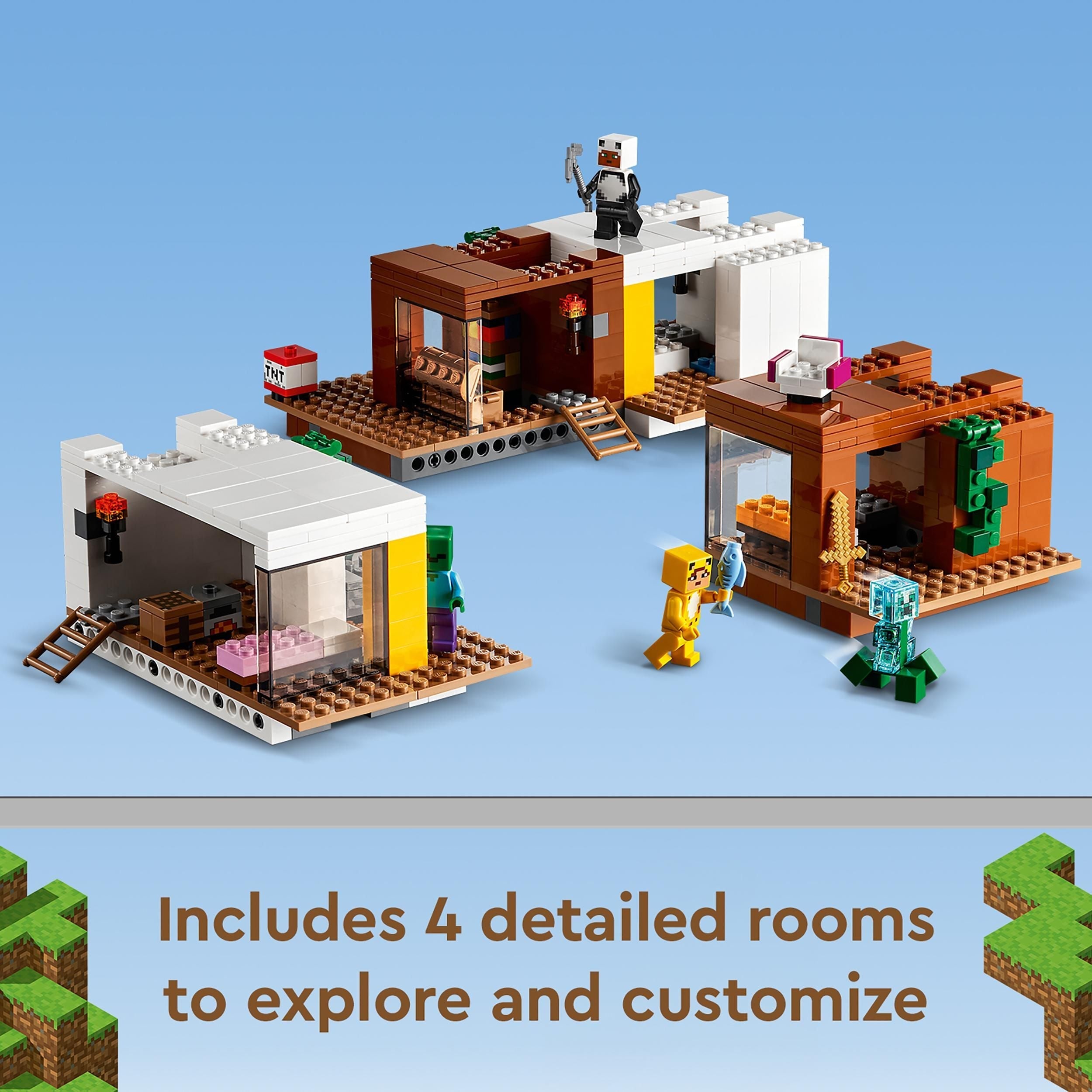 LEGO Minecraft The Modern Treehouse model showcasing 4 customizable rooms and authentic Minecraft features.