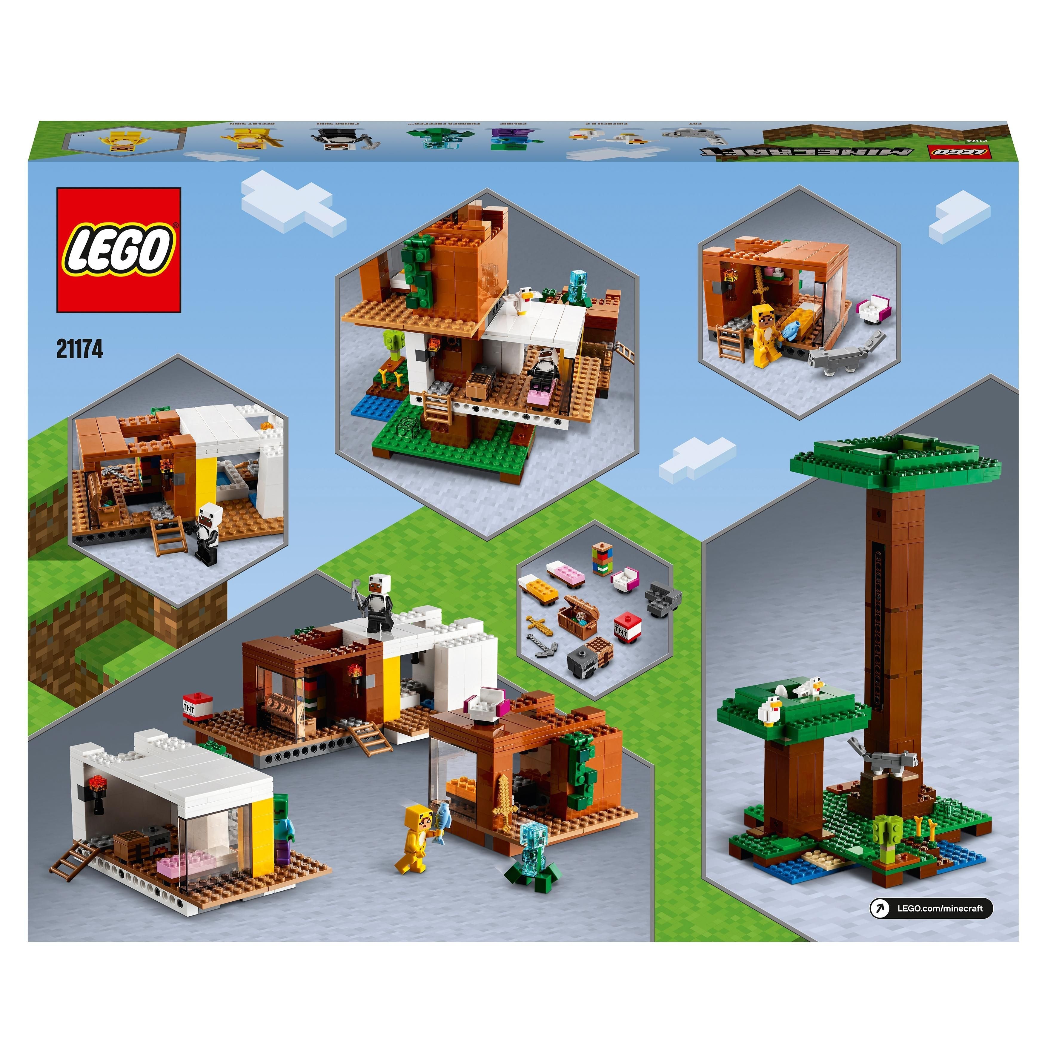 LEGO® Minecraft The Modern Treehouse Toy 21174 box showing modular treehouse with reconfigurable rooms and Minecraft features.