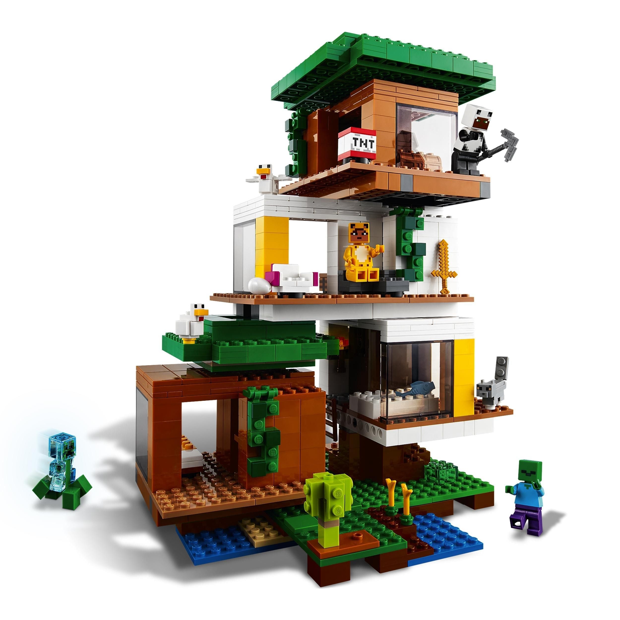 LEGO Minecraft The Modern Treehouse 21174 model featuring modular rooms, a tree, and Minecraft characters.