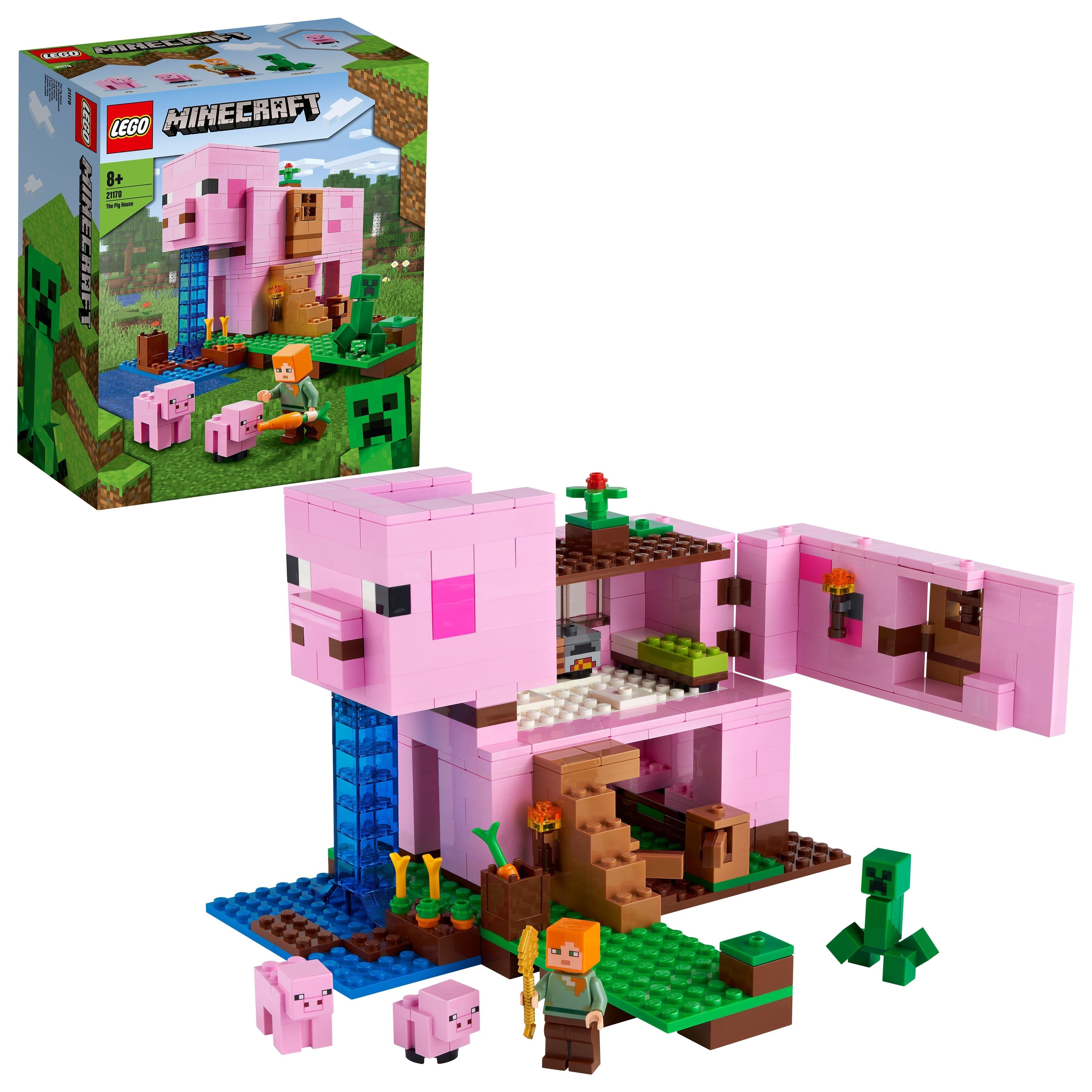 LEGO Minecraft The Pig House 21170 with figures, blocks, and vibrant scenery for endless adventures.