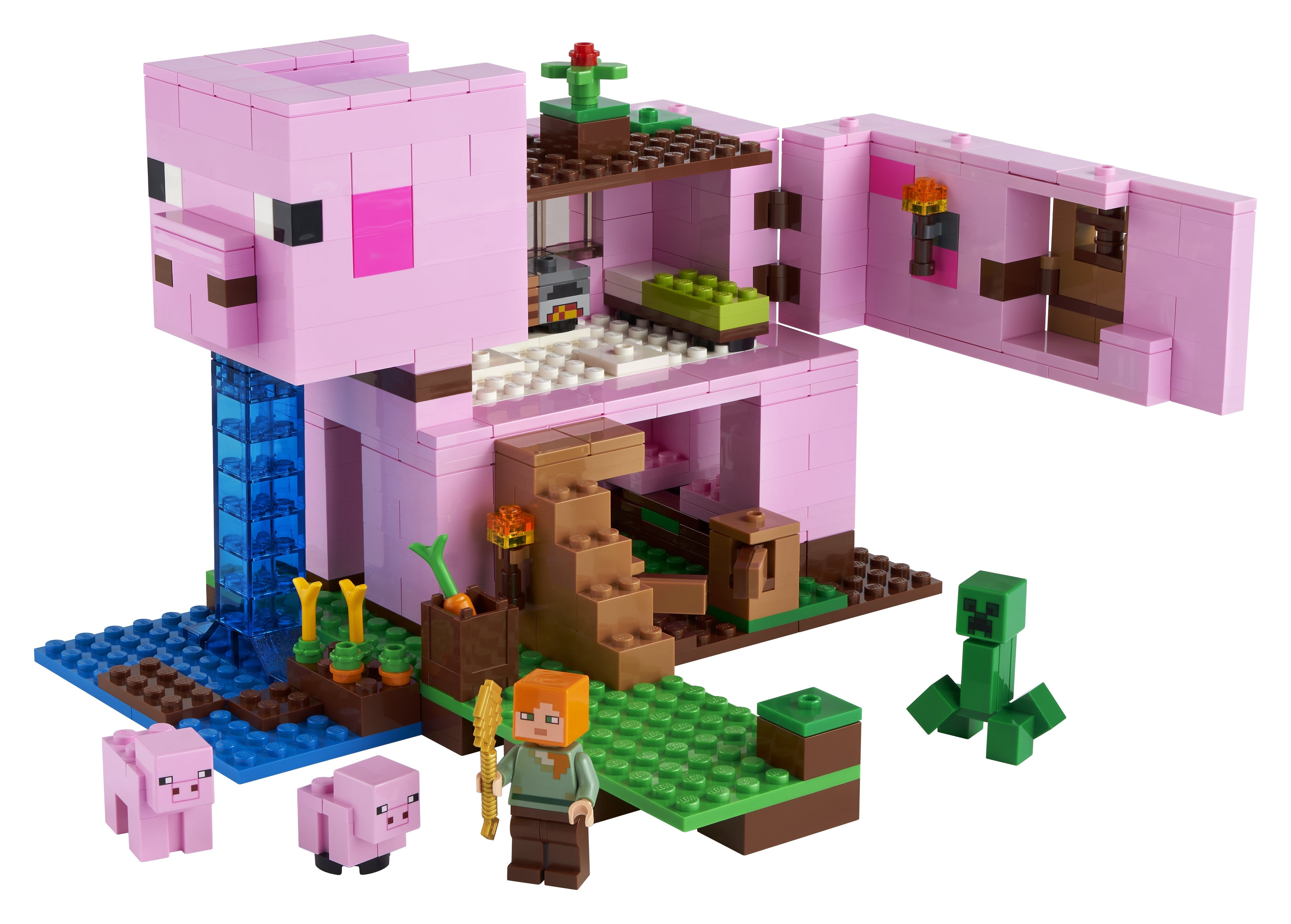 LEGO Minecraft The Pig House Toy 21170 with characters, toys, and pink pig design for adventurous play.