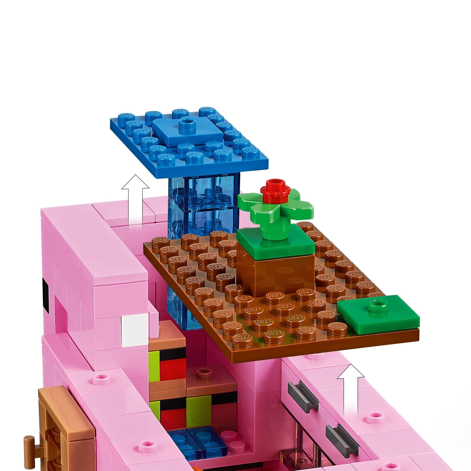 LEGO Minecraft Pig House rooftop details with colorful blocks and flowers for creative building fun.