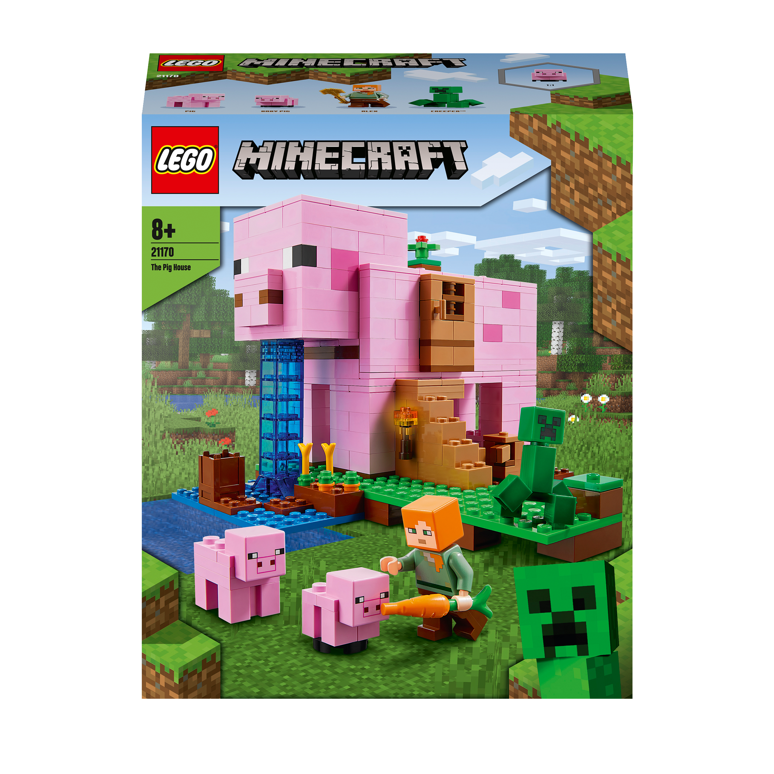 LEGO Minecraft The Pig House 21170 box art featuring pig-shaped house and characters for endless adventures.