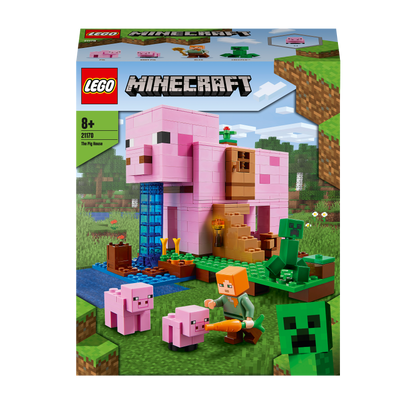 LEGO Minecraft The Pig House 21170 box art featuring pig-shaped house and characters for endless adventures.