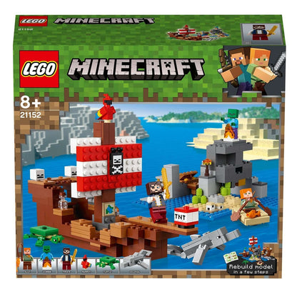 LEGO Minecraft The Pirate Ship Adventure Toy 21152 box featuring pirate ship, characters and ocean scene.