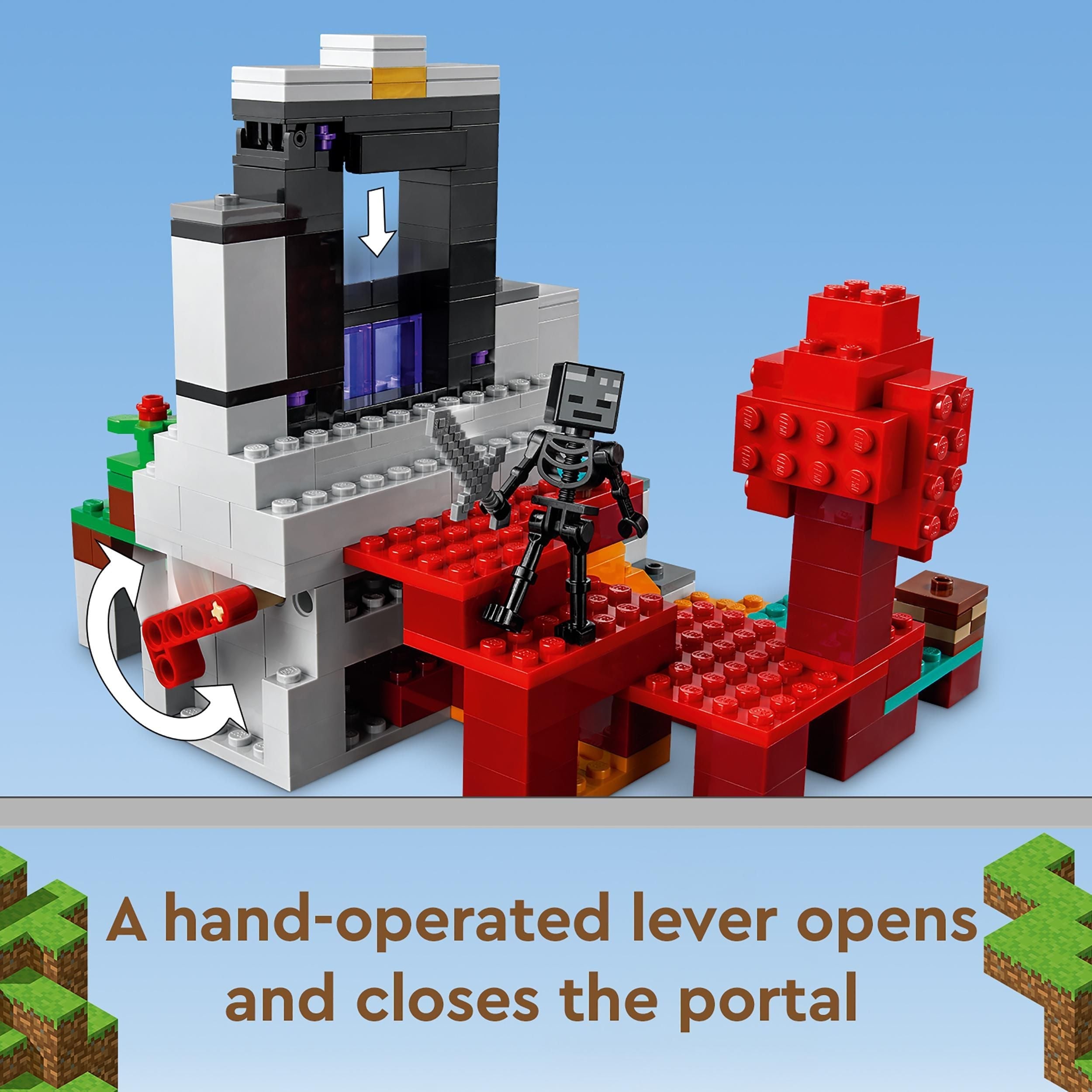 LEGO Minecraft The Ruined Portal set with a lever mechanism, featuring a skeleton and vibrant red blocks.