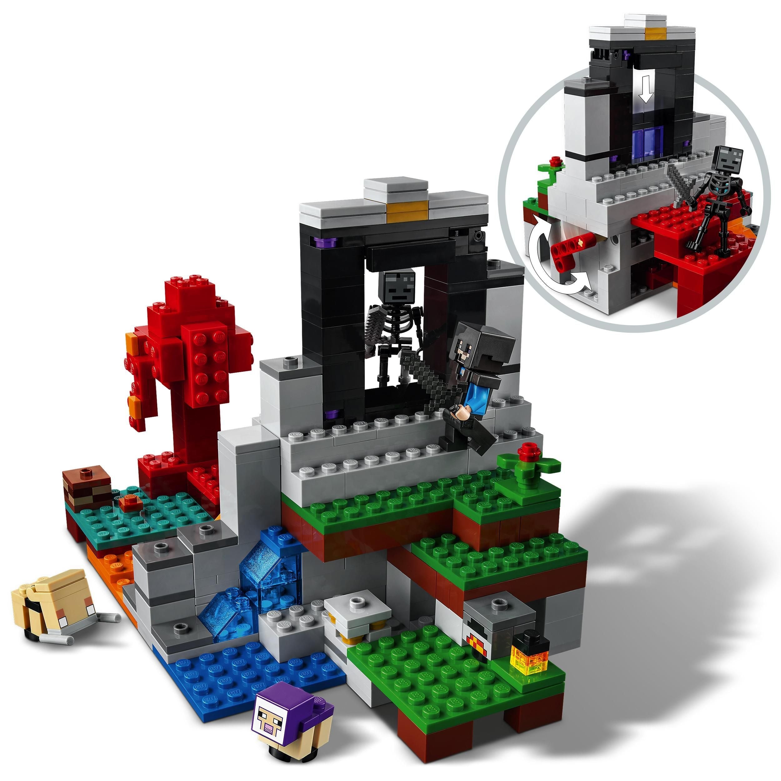 LEGO® Minecraft The Ruined Portal Set 21172 featuring an ancient portal and adventure characters in colorful blocks.