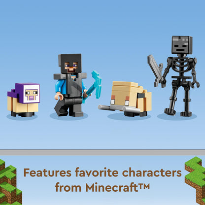 LEGO Minecraft characters display including a sheep, Steve, a pig, and a skeleton from set 21172.