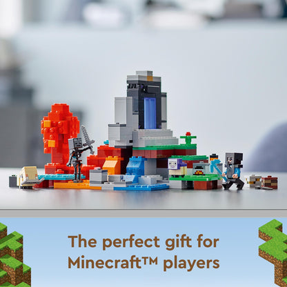 LEGO Minecraft The Ruined Portal Building Set 21172 displayed with characters, perfect for Minecraft fans.