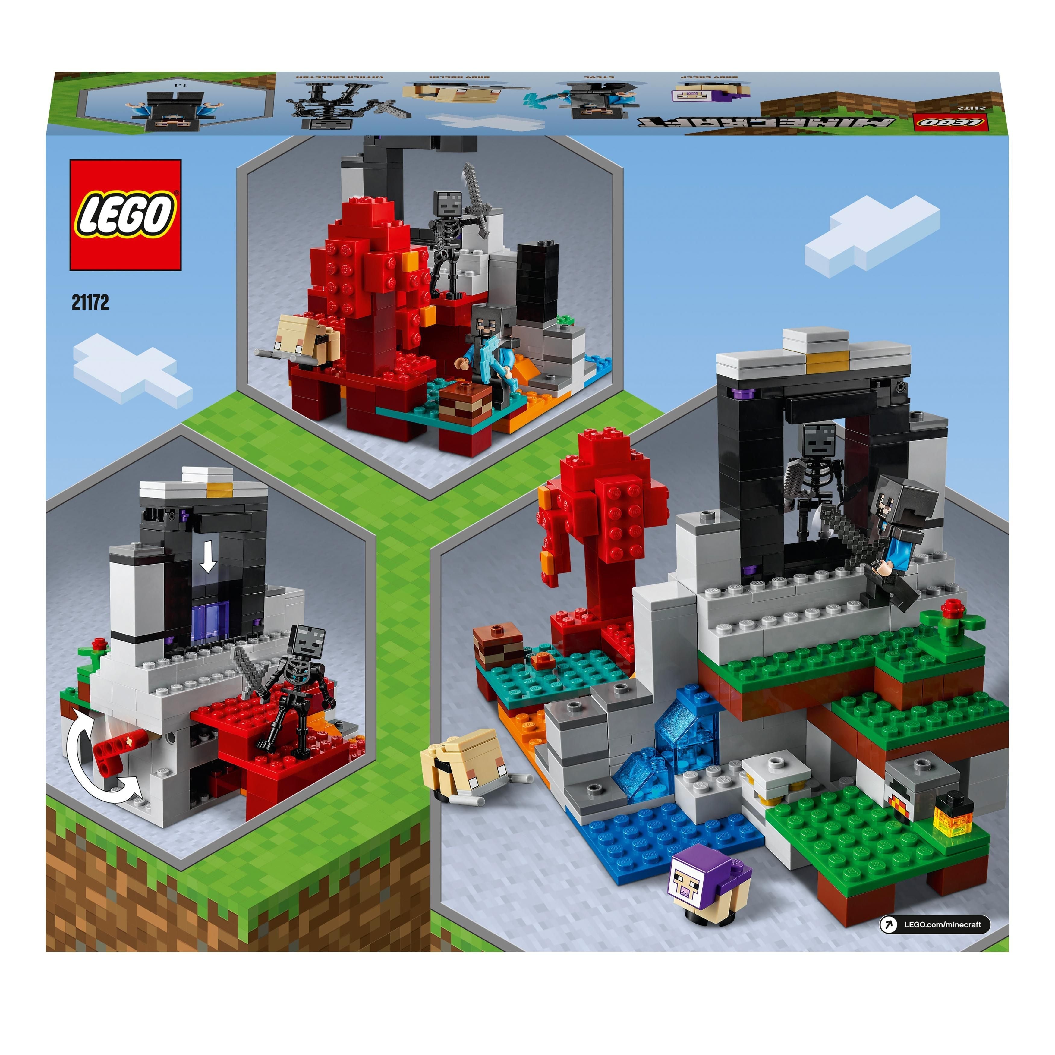 LEGO Minecraft The Ruined Portal Building Set 21172 with immersive scenes and characters for endless adventures.