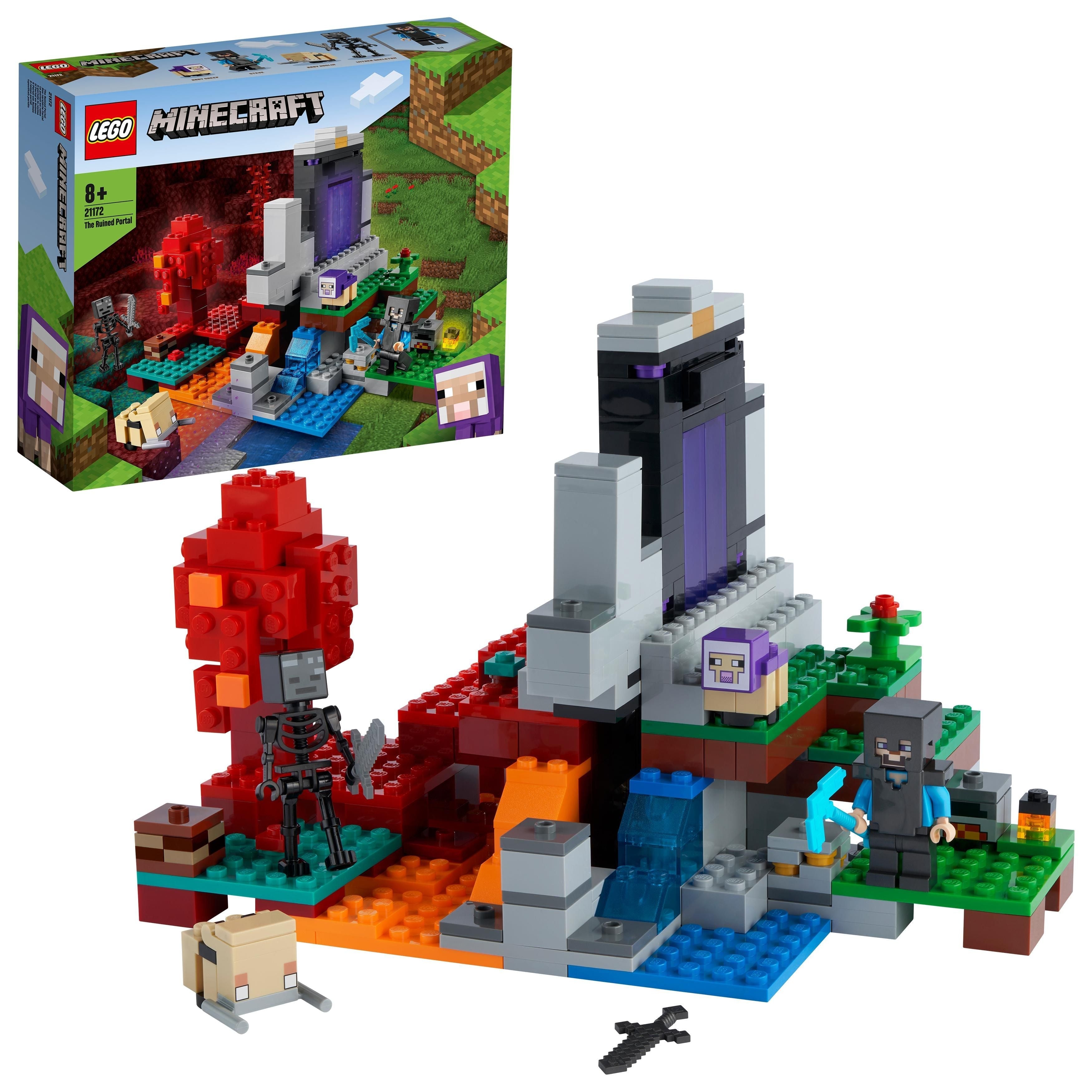 LEGO Minecraft The Ruined Portal set 21172 featuring an ancient portal with adventure characters and colorful blocks.