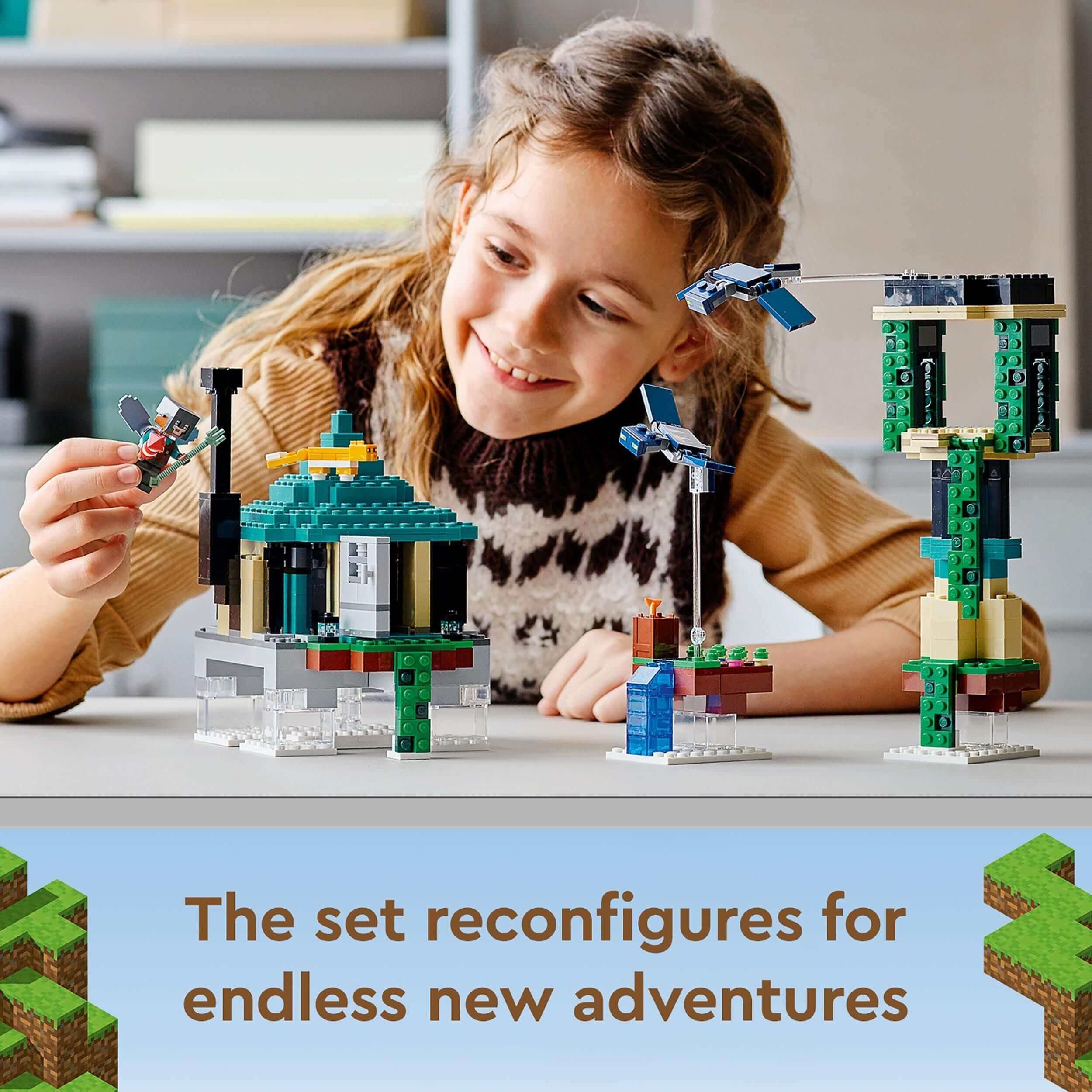 Child playing with LEGO® Minecraft The Sky Tower set, showcasing endless adventure and reconfigurable buildings.