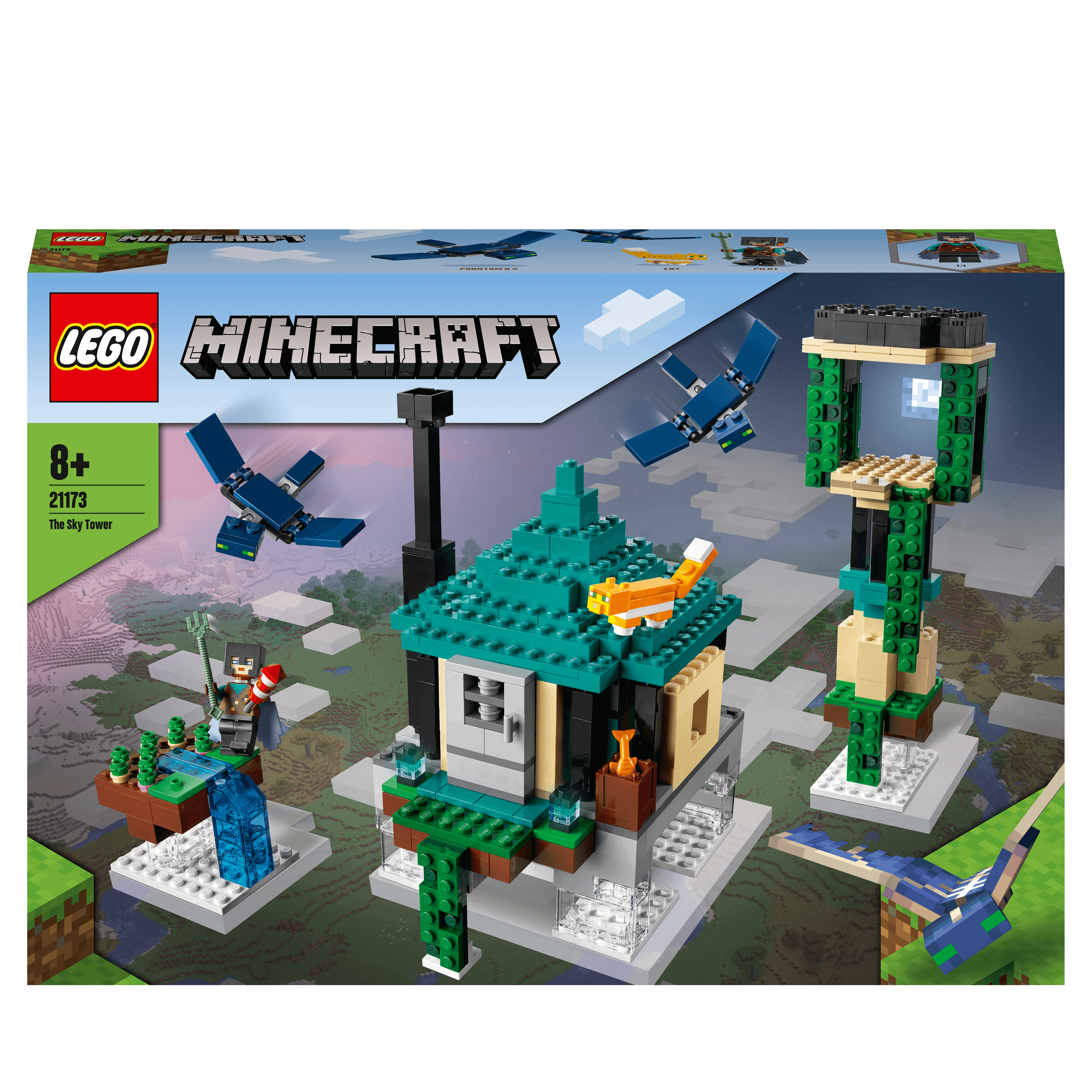 LEGO® Minecraft The Sky Tower Building Set 21173 featuring modular designs and action figures for kids 8 and up.