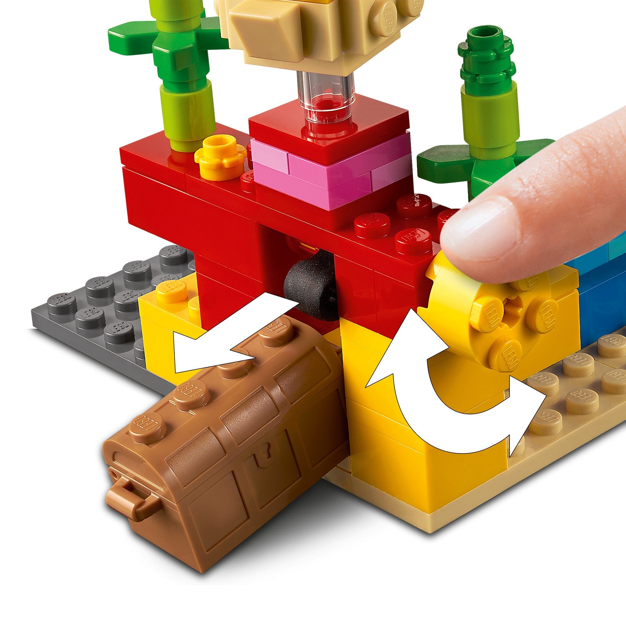 Close-up of LEGO® Minecraft Coral Reef set, showcasing interactive building with colorful bricks and movable parts.