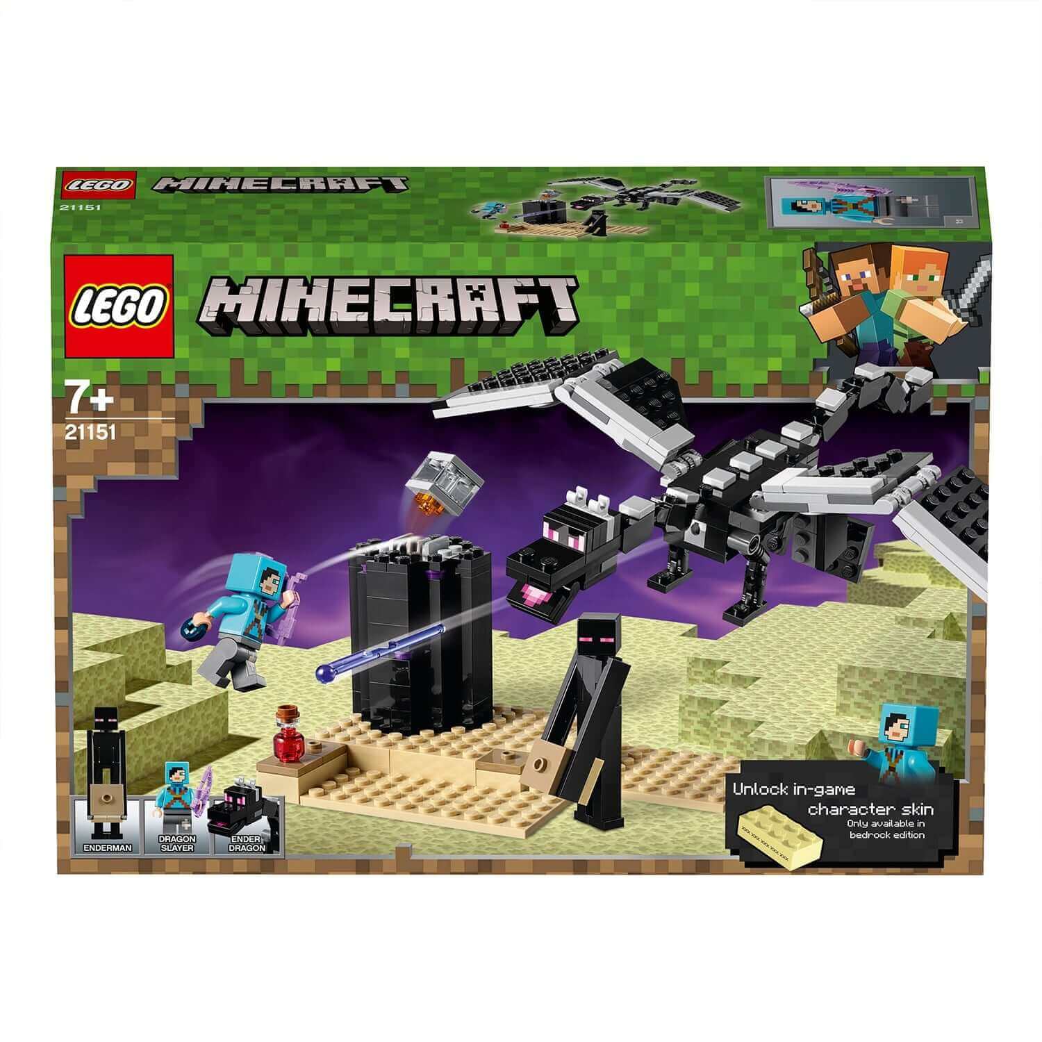 LEGO Minecraft The End Battle Collectible Toy 21151 featuring characters, dragon, and gameplay elements.