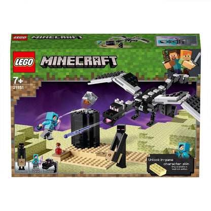 LEGO Minecraft The End Battle Collectible Toy 21151 featuring characters, dragon, and gameplay elements.