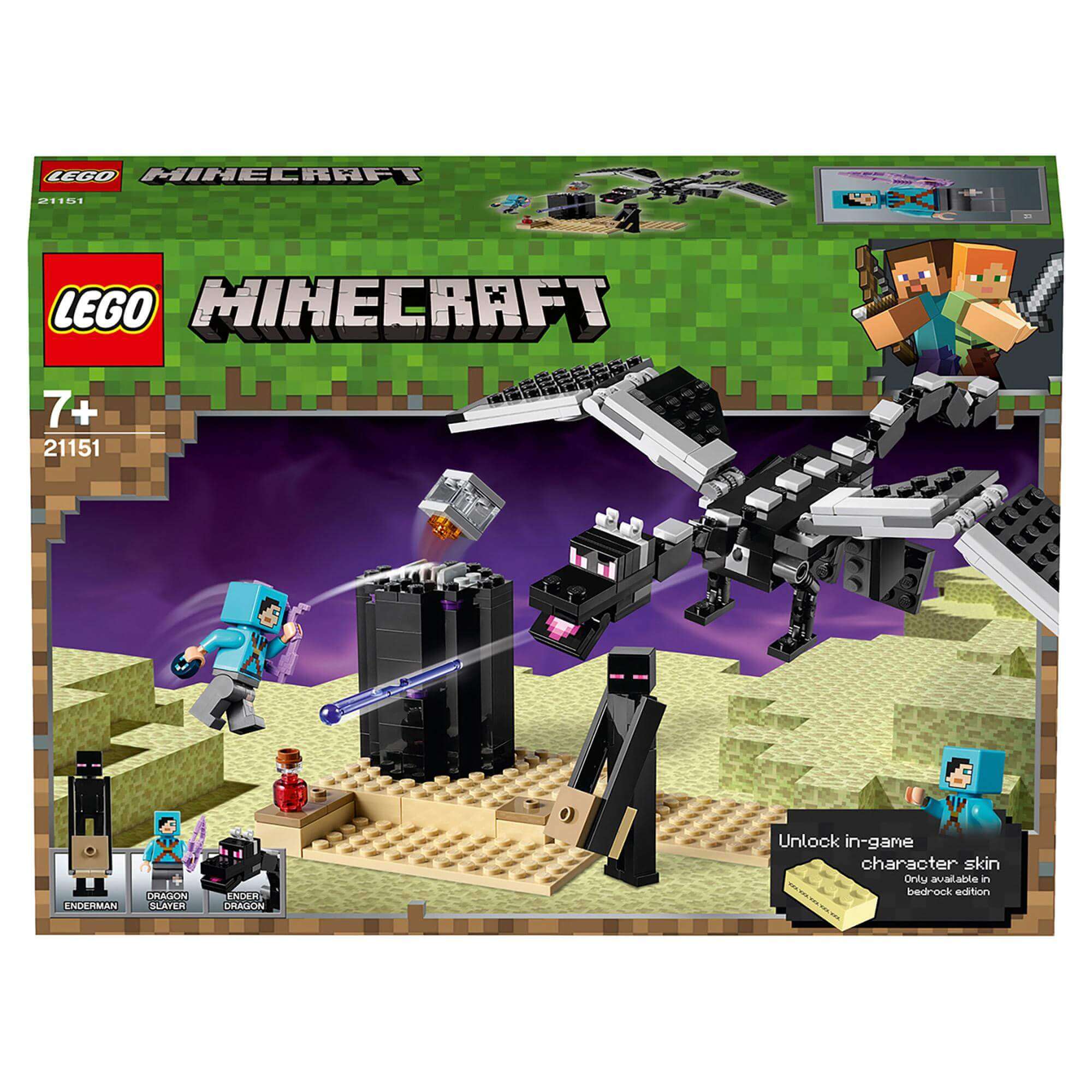 LEGO Minecraft The End Battle Set 21151 featuring characters, dragon, and Ender Portal, ideal for ages 7 and up.
