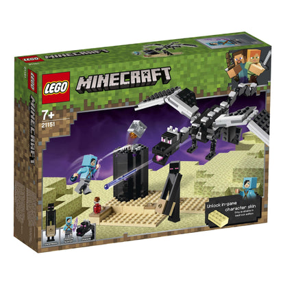 LEGO Minecraft The End Battle Toy Set 21151 featuring characters, dragon, and portal for creative play.