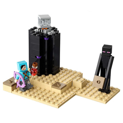 LEGO Minecraft The End Battle set 21151 featuring characters battling on a sandy landscape.