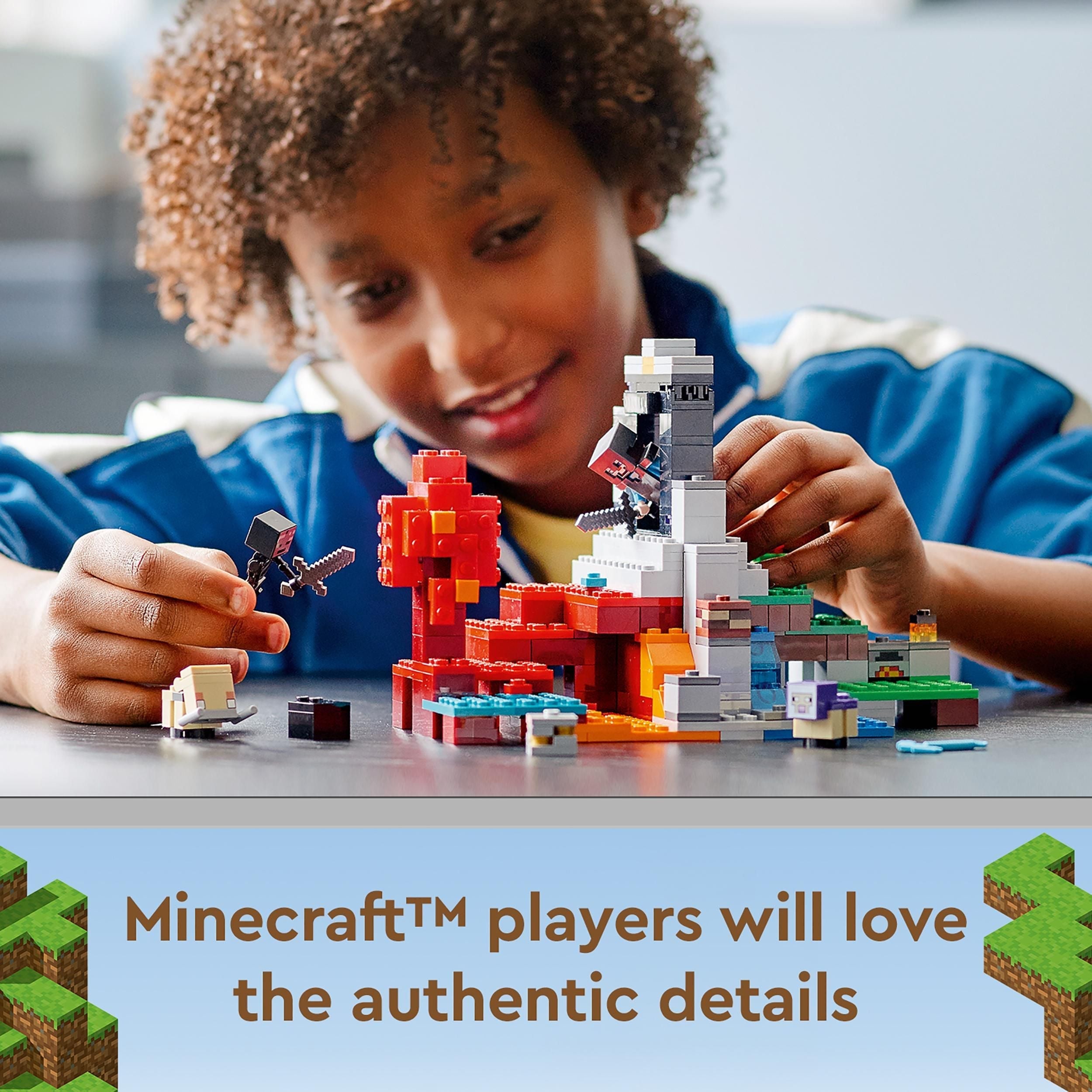 Child engaging with LEGO® Minecraft The Ruined Portal building set, showcasing creativity and adventure.