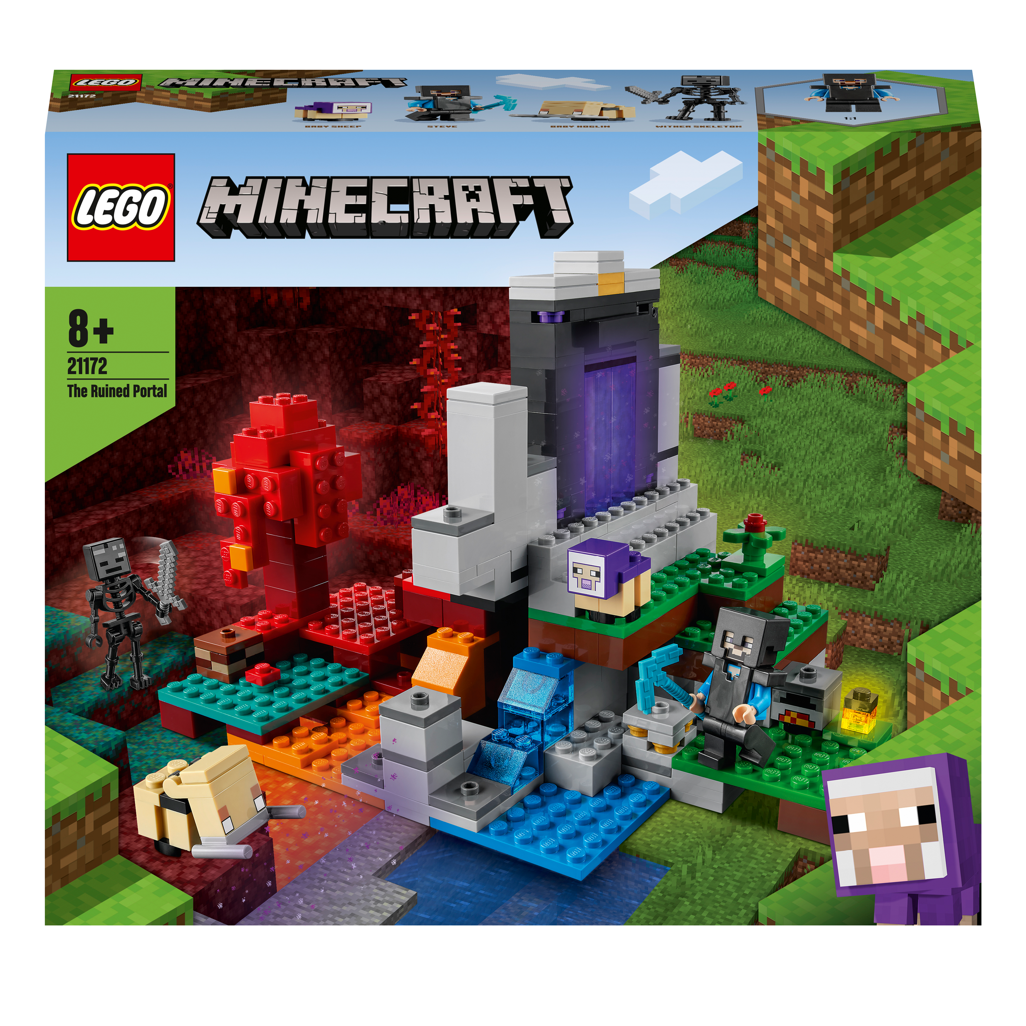 LEGO® Minecraft The Ruined Portal Building Set 21172 with colorful blocks and characters for adventure play.
