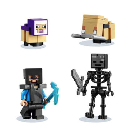 LEGO® Minecraft The Ruined Portal set featuring characters: player, sheep, villager, and skeleton figures.