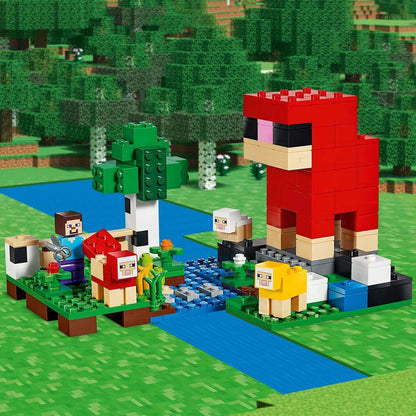 LEGO Minecraft Wool Farm building set with Steve minifigure, sheep, and lush scenery for creative play.